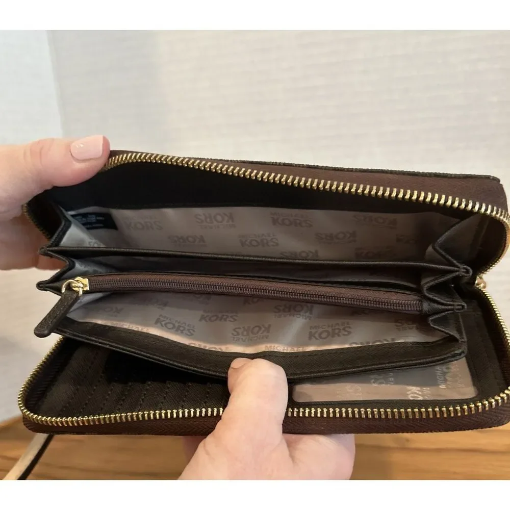 Michael Kors Jet Set Brown Mk Signature Large Travel Continental Wallet Wristlet